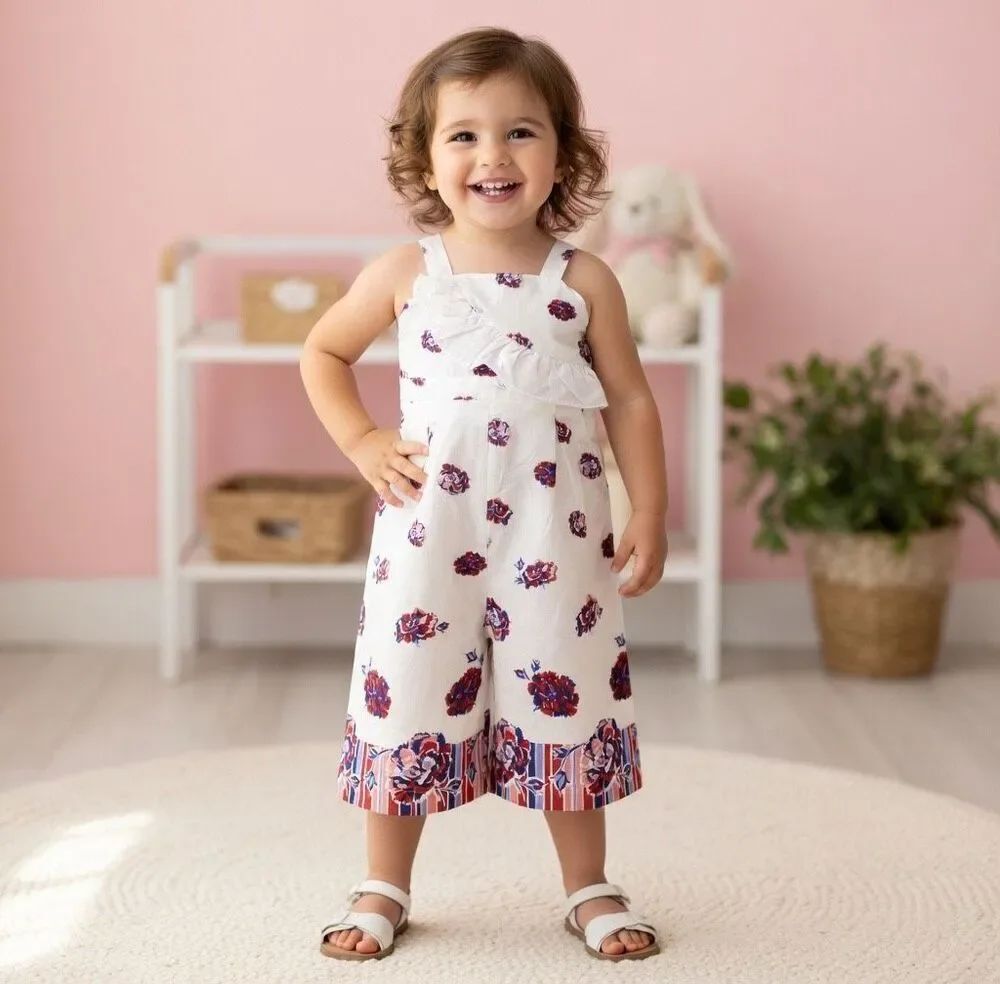 Janie & Jack Girls White Floral Jumpsuit with Ruffle Detail Size 18-24 MO. Girls
